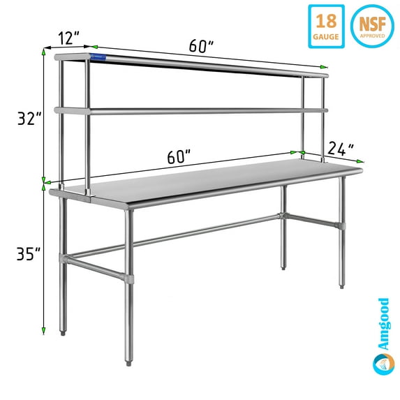 24" x 60" Stainless Steel Open Base Table With 12" Wide Double Tier Overshelf | Metal Kitchen Prep Table & Shelving Combo