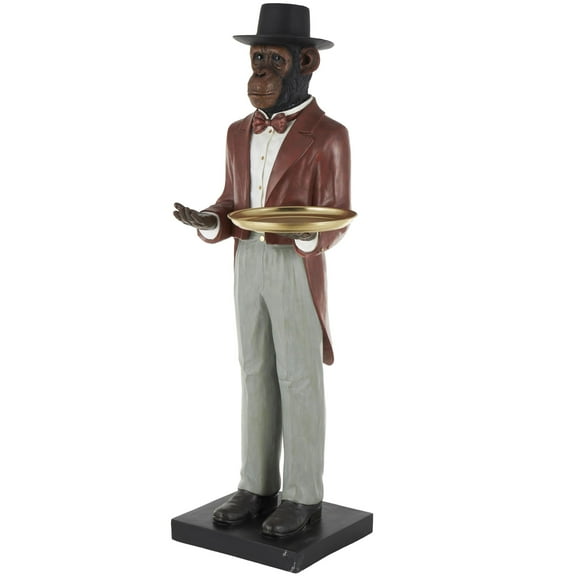 24" x 64" Red Resin Tall Waiter Monkey Sculpture with Gold Accent and Square Base, by DecMode