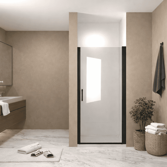 24"x 72" Pivot Shower Door, Matte Black Aluminum Frame, Half Frame ,1/4"(6mm) Tempered Glass Explosion Proof Film