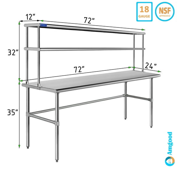 24" x 72" Stainless Steel Open Base Table With 12" Wide Double Tier Overshelf | Metal Kitchen Prep Table & Shelving Combo
