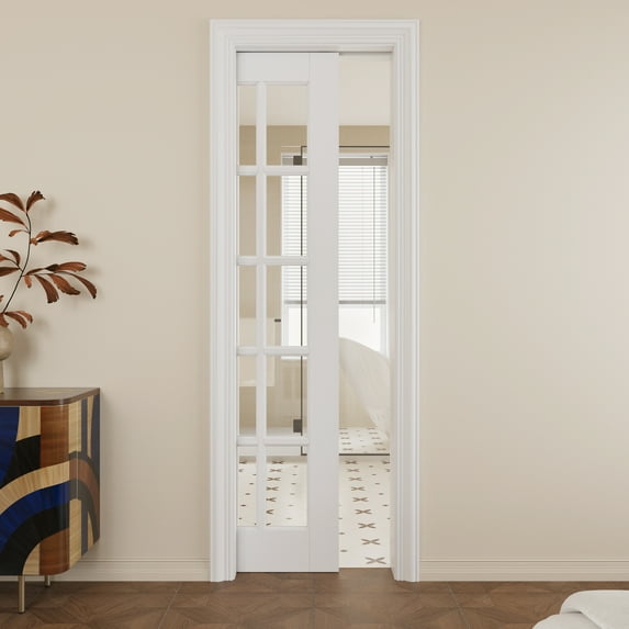 24" x 80" 10-Lite Clear Glass Pocket Door with Soft Close, Solid Door Panel & Pocket Door Hardware & Frame, Bathroom Door, Bedroom Door, Pre-finished & Paintable, White