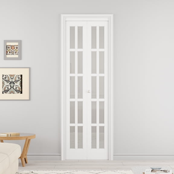 24" x 80" 10-Lite Frosted Glass Bifold Doors with Hardware Kit & Knob, Solid Core MDF Wood, Interior Folding Door for Closet, Pantry Door, White Wood Texture Surface
