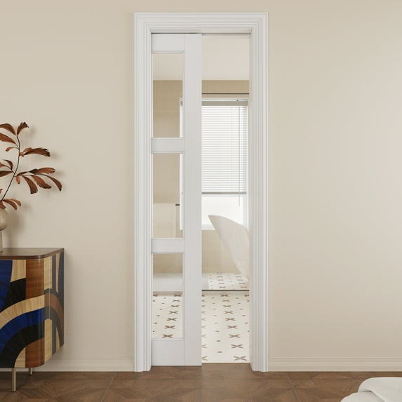 24" x 80" 3 Panel Clear Glass Pocket Door with Soft Close, Solid Door Panel & Pocket Door Hardware & Frame, Bathroom Door, Bedroom Door, Pre-finished & Paintable, White
