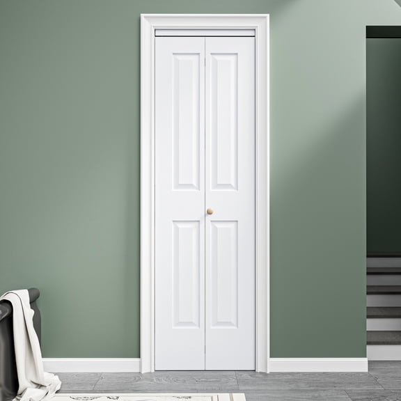 24" x 80" 4 Panel Molded Bifold Doors with Hardware Kit & Knob, Interior Folding Door for Closet, Pantry Door, Easy to Install,White Smooth Surface, Paintable