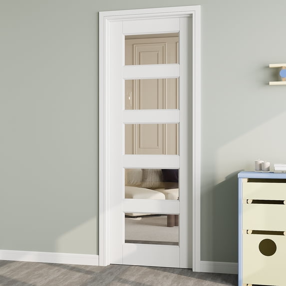 24" x 80" 5 Panel Clear Glass Interior Door Slab, Solid Core Door Panel as Barn Door, Pocket Door, French Door, Prehung Door - as Panty Door, Closet Door, Pre-finished & Paintable, White