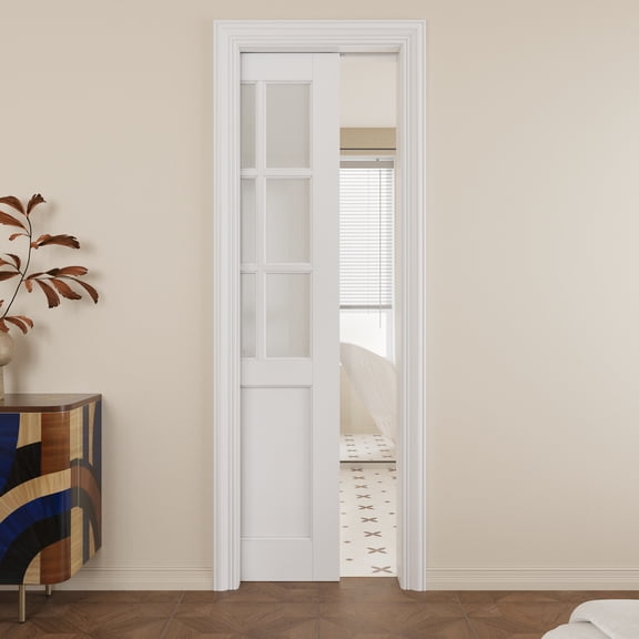 24" x 80" 6-Lite Frosted Glass Pocket Door with Soft Close, Solid Door Panel & Pocket Door Hardware & Frame, Bathroom Door, Bedroom Door, Pre-finished & Paintable, White
