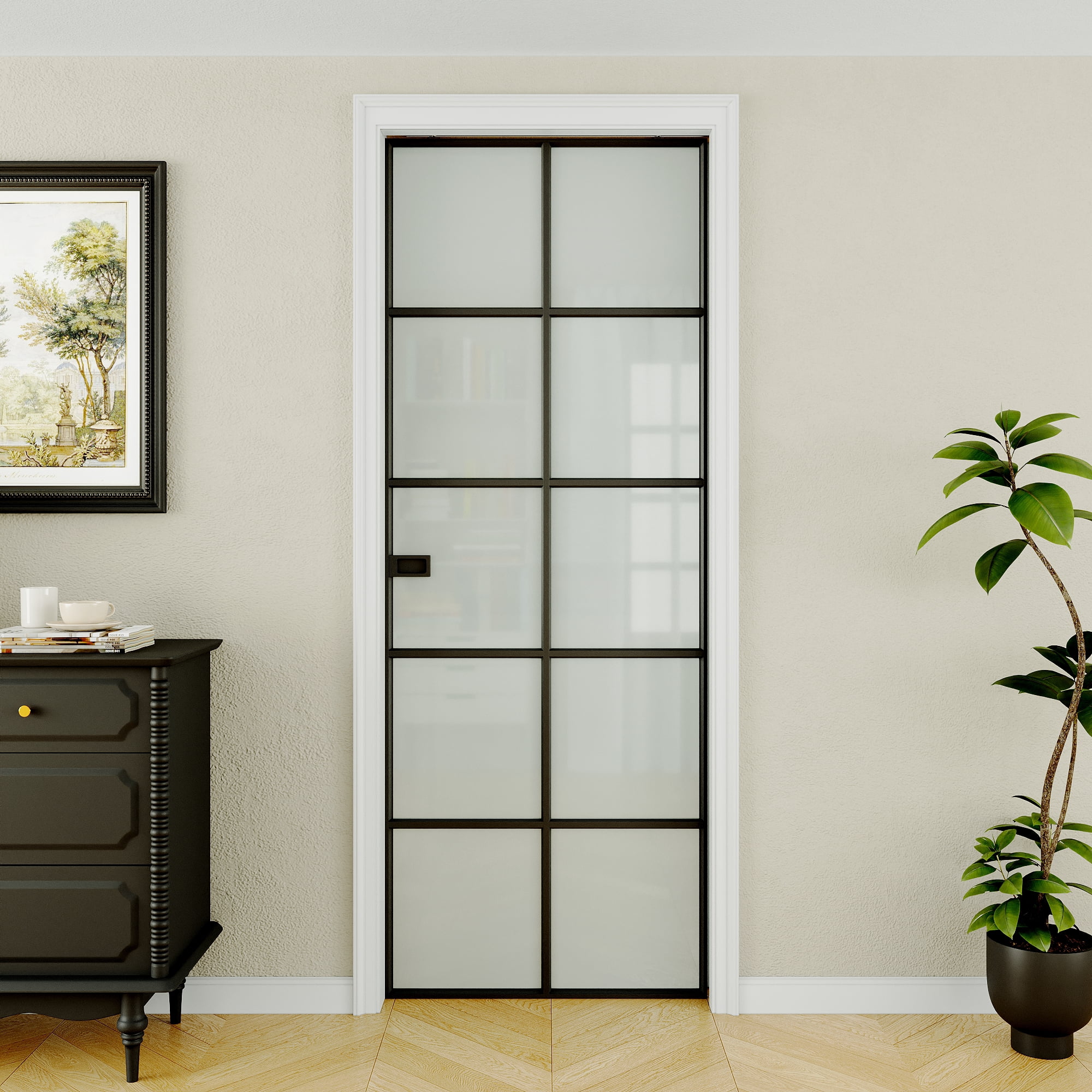24" x 80" Interior Sliding Pocket Door 10-Lite Frosted Glass Aluminun