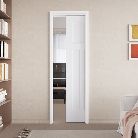 24" x 80" T Shape Pocket Door with Soft Close, Molded Solid Core Door Panel & Pocket Door Hardware & Frame, Bathroom Door, Bedroom Door, Pre-finished & Paintable, White