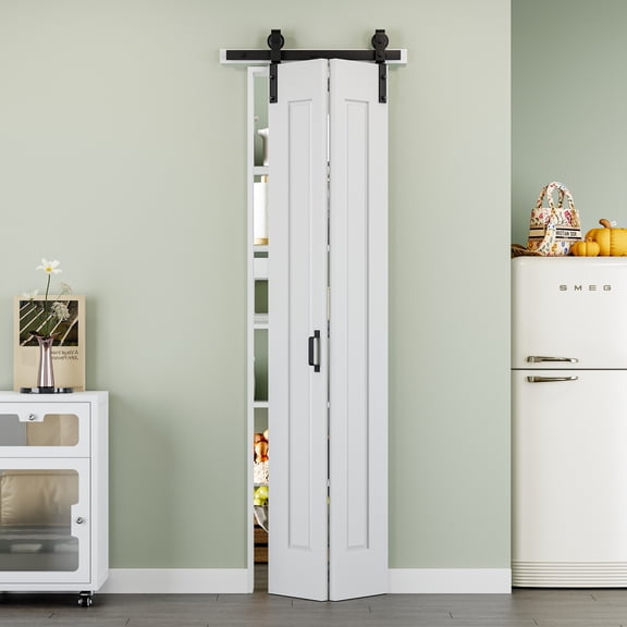 24'' x 84'' Molded Bifold Barn Doors and Hardware Included, White Smooth Paintable Pre-assembled Solid Core Panels & Bi-fold Barn Door Hardware Kit, 1 Panel Design-Fit Max Opening 24in x 84in