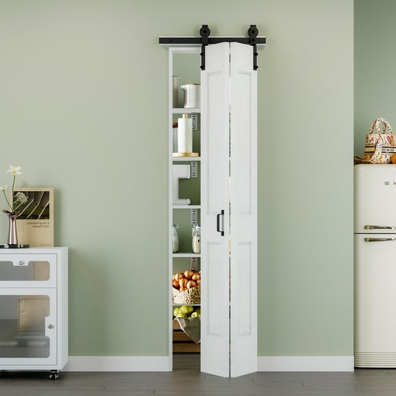 24'' x 84'' Molded Bifold Barn Doors and Hardware Included, White Smooth Paintable Pre-assembled Solid Core Panels & Bi-fold Barn Door Hardware Kit, 4 Panel Design-Fit Max Opening 24in x 84in