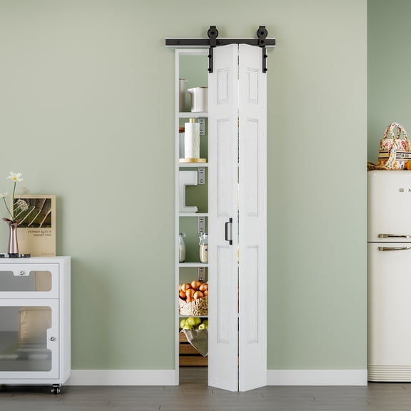 24'' x 84'' Molded Bifold Barn Doors and Hardware Included, White Smooth Paintable Pre-assembled Solid Core Panels & Bi-fold Barn Door Hardware Kit, 6 Panel Design-Fit Max Opening 24in x 84in