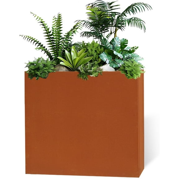 24"x10"x24" Rectangular Planter Pots with Drainage Holes Removable Shelf Metal Steel Large Garden Pot for Outdoor Plants Tall Flower Vase Container for Yard Front Porch Patio Planter Box Decor, Rusty