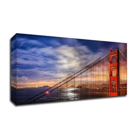 24"x12" N. Tower Panorama-GG Bridge by John Gavrilis Print on Canvas Fabric Blue