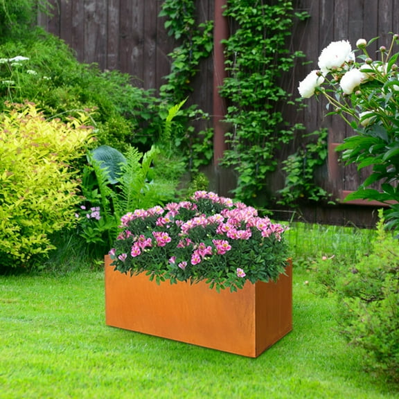 24"x12"x12" Corten Steel Planter Box for Outdoor Plants Drainage Hole Large Rectangular Planter Box for Front Porch Hotel Patio Yard Decorative Tall Flower Square Container, Rusted