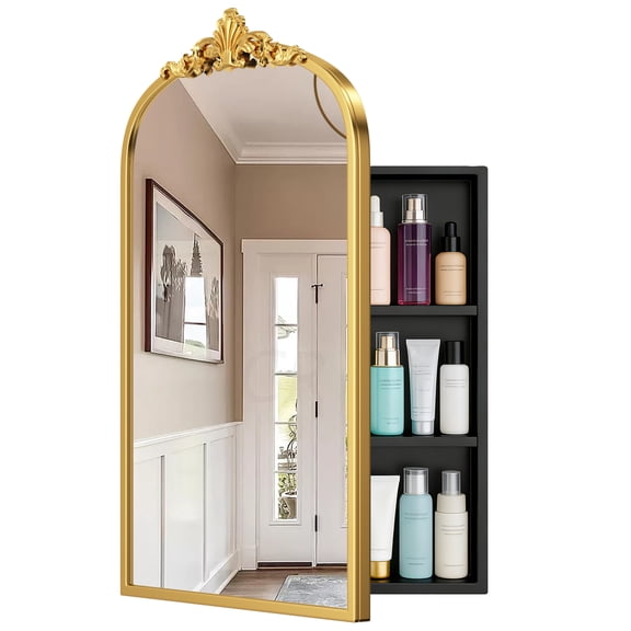 24"x16" Gold Vintage Bathroom Medicine Cabinet with Mirror, Wall Mounted Recessed/Surface Mount Storage Cabinet, Black Metal Frame, Easy Installation for Bathroom Vanity