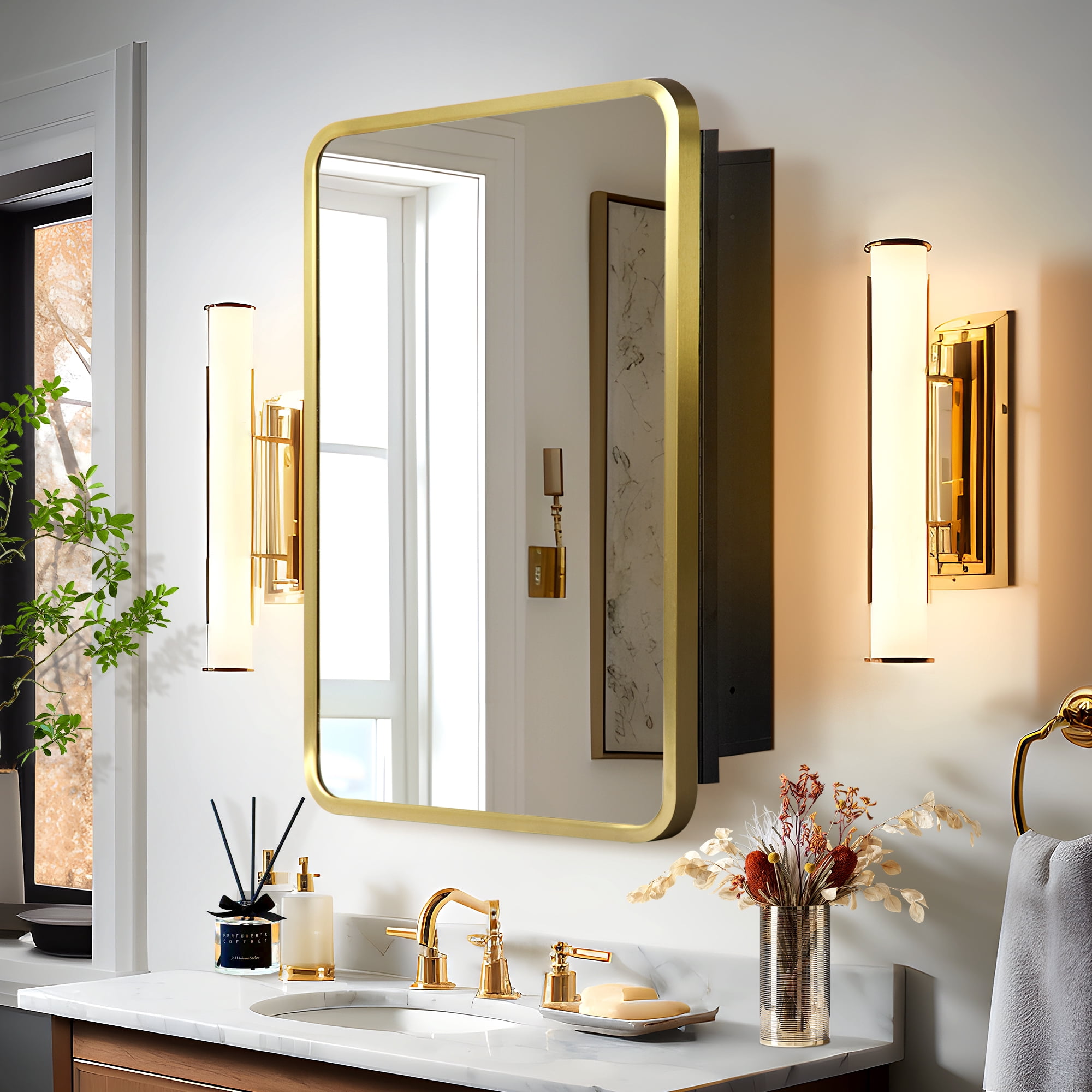 24"x16" Rectangle Recessed/Surface Mount Medicine Cabinet with Mirror,Gold