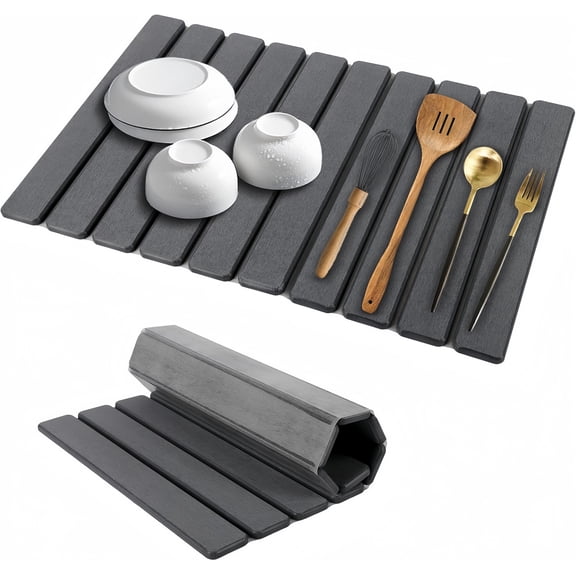 24”x16”Stone Dish Drying Mat for Kitchen Counter Diatomaceous Earth Quick-Dry Non-Slip Shower Mat, Super Absorbent & Easy Clean (Dark Gray)