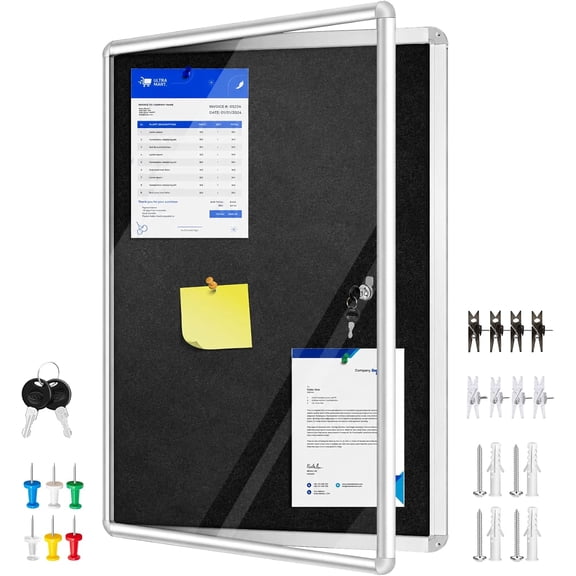 24"x18" Enclosed Bulletin Board Tamper-Proof Dispaly Case, Black Felt, Aluminium Frame, Shatter Resistant Lockable Bulletin Board, Lockable Noticeboard
