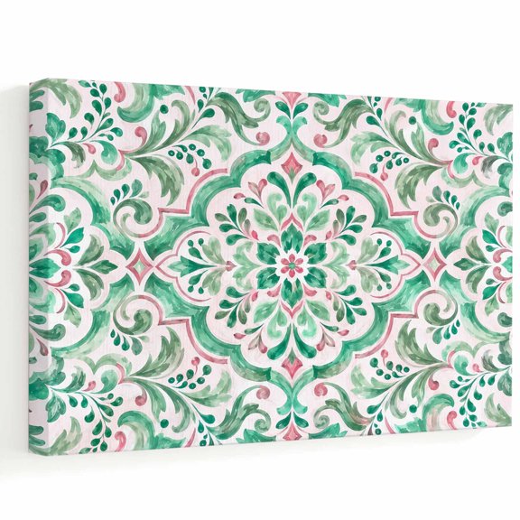 24"x18" Green Moroccan Flower Canvas Wall Art for Living Room, Boho Mediterranean Green Vine Mosaic Texture Poster Print Painting for Lounge Sofa Zone Office Home Decor Wall Pictures Prepare To Hang