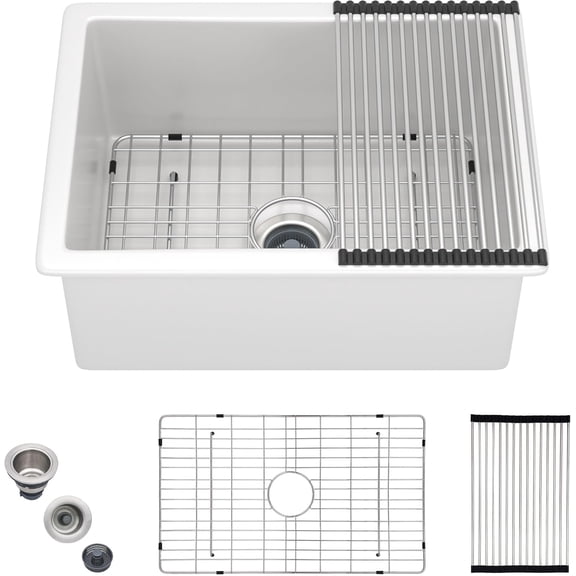 24"x18" White Undermount Bar Sink - High-Gloss Ceramic Porcelain Fireclay Dual Mount Single Bowl Drop-In Topmount & Under Counter Wet Bar Prep RV Kitchen Sink Basin