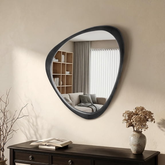 24''x19'' Asymmetrical Mirror with Wood Frame Black, Small Irregular Wall Mirror, Odd Shaped Mid Century Modern Mirror Decor for Bedroom Living Room Entryway Hall