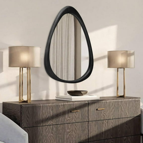 24''x19'' Asymmetrical Mirror with Wood Frame Black, Small Irregular Wall Mirror, Odd Shaped Mid Century Modern Mirror Decor for Bedroom Living Room Entryway Hall