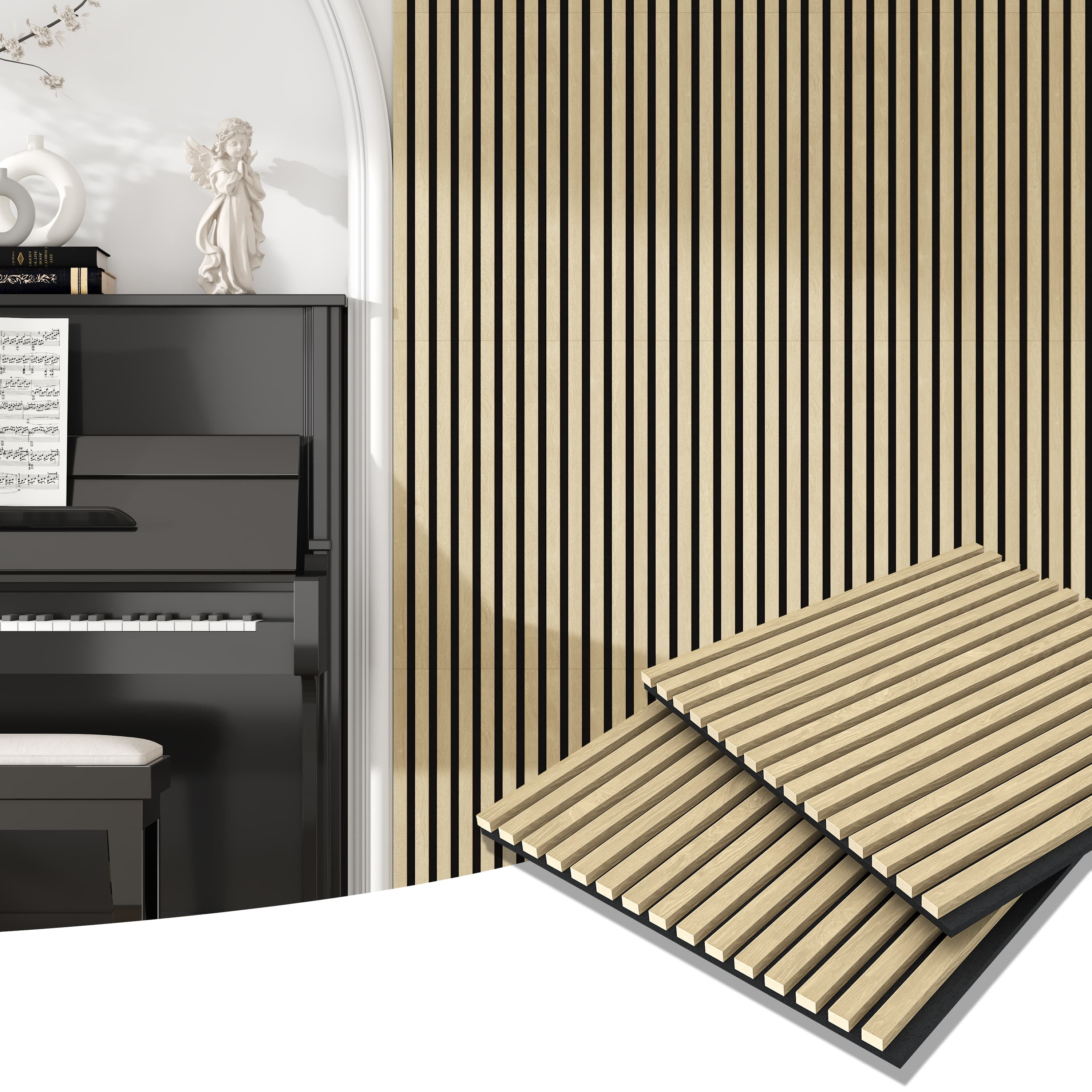 24"x24" Acoustic Slat Wood Wall Panel 3D Slatted Wall Panels 4Pcs,Natural