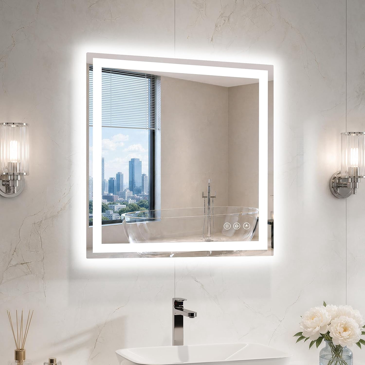 24"x24" LED Bathroom Mirror with Anti-Fog Heating Stepless Dimmable 3-Color Lighting CRI 95 Shatterproof Tempered Glass HD Reflection Memory Function