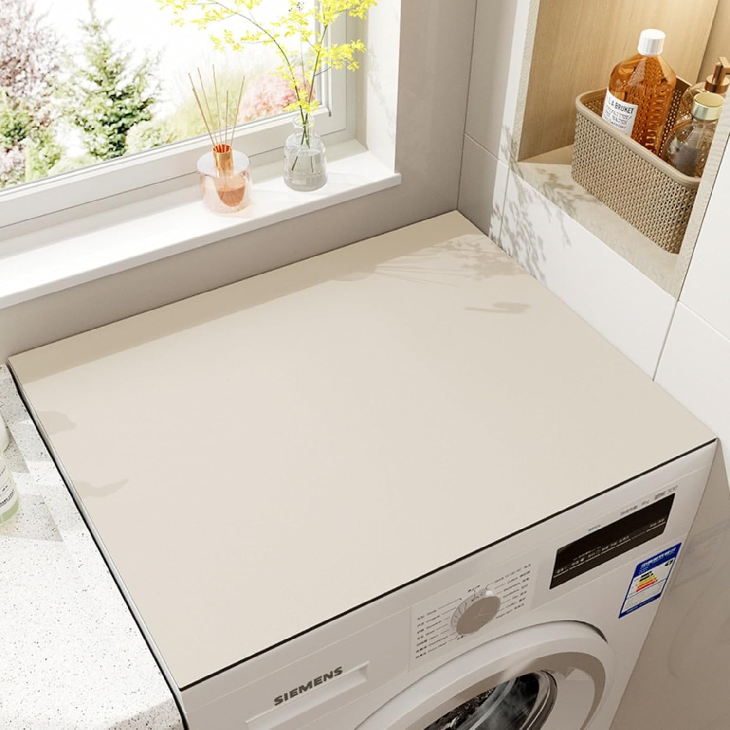 24"x24" Washer Dryer Cover - Non-Slip Washing Machine Top Mat, Cut-to-Fit Laundry Machine Protector for Kitchen/Home, Absorbent Quick-Dry Pad (Ivory, 24''x24'')