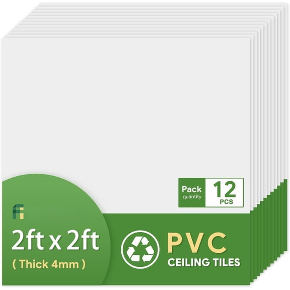 24"x24" White Drop Ceiling Tiles High-Grade PVC Ceiling Tiles 2x2 Fire-Rated - Easy Drop-in Installation - Case of 12 (48 sq. ft.)