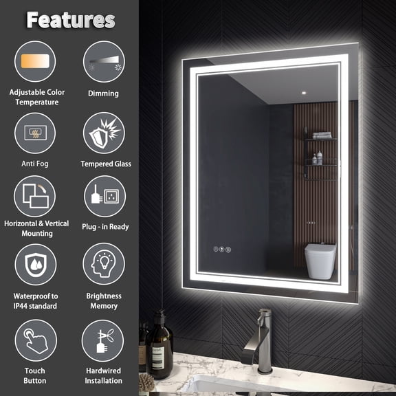 24"x32" LED 3 Color Temperature, Stepless Dimming, Anti-Fog, Touch Control, Wall-Mounted Vanity Mirror, Vertical or Horizontal