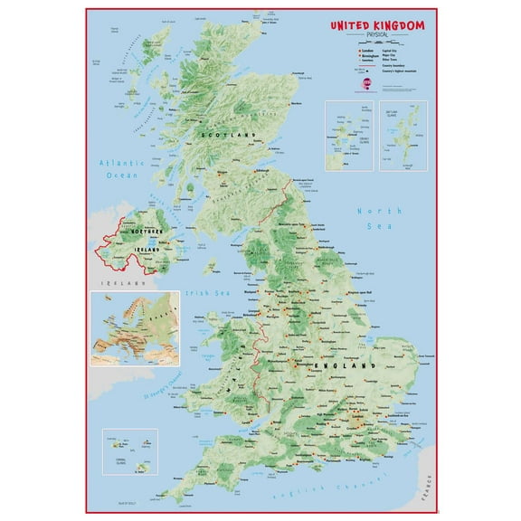 24"x33" Heavyweight Photo Paper Quality Poster: Primary UK Wall Map Physical