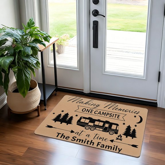 24"x36" Custom Family Making Memories One Campsite Bath Mat, Soft Plush Flannel Non Slip Washable RV Doormat, Pine Tree Moon Arrow Decor Floor Rug