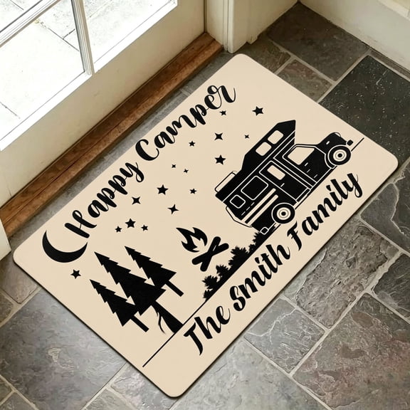 24"x36" Custom Happy Camper Family Bath Mat, Soft Plush Flannel Non Slip Quick Dry RV Doormat, Vintage Camping RV Tree Star Decorative Floor Rug