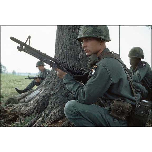 24"x36" Gallery Poster, 101st Airborne Division, armed with an M60 machine gun, participates in a field exercise. M16A1 rifle in backgroun