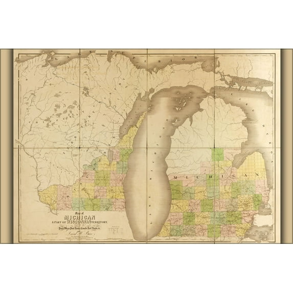 24"x36" Gallery Poster, 1839 map of michigan and wisconsin