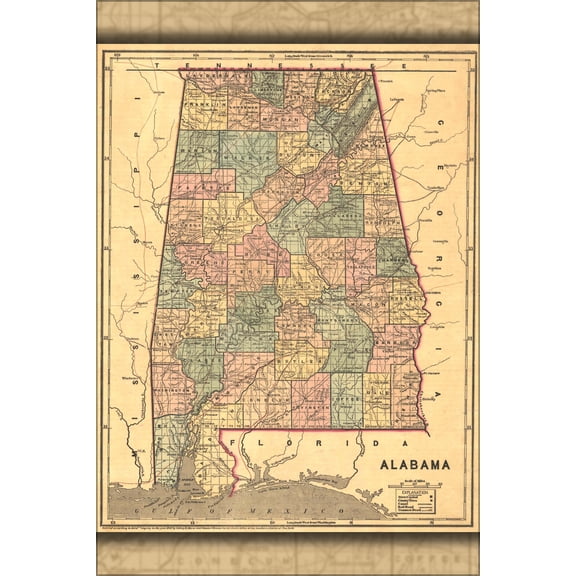 24"x36" Gallery Poster, 1848 Map of Alabama counties