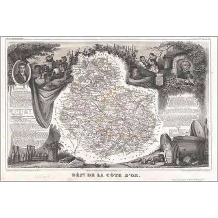 24"x36" Gallery Poster, 1852 Levasseur Map of the Department Cote D'Or, France (Burgundy or Bourgogne Wine Region)