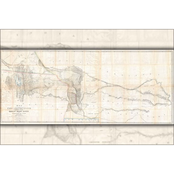 24"x36" Gallery Poster, 1852 Stansbury Map of the Great Salt Lake to Fort Levenworth Route (Colorado, Utah, Wyoming, Kansas)