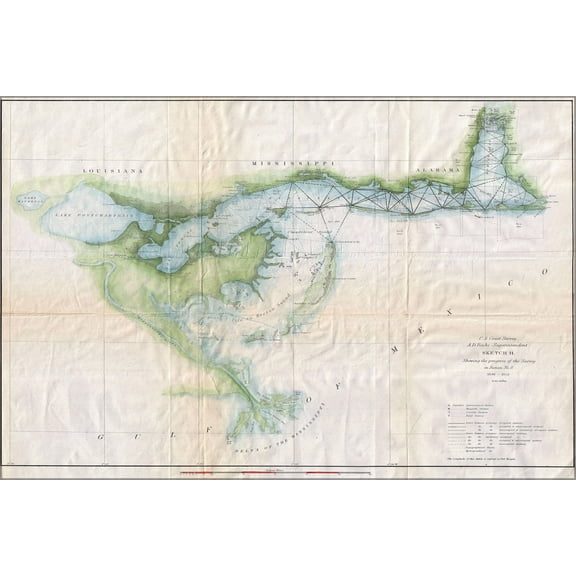 24"x36" Gallery Poster, 1853 U.S. Coast Survey Map of Lake Pontchartrain, New Orleans, and the Mississippi DeltaMissDelta uscs 1852