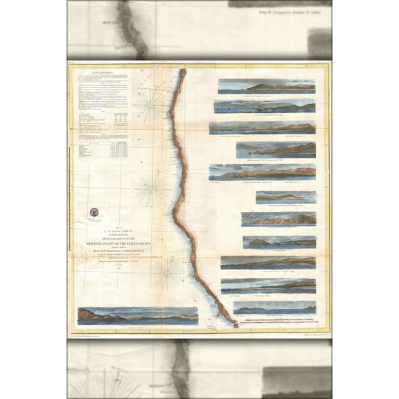 24"x36" Gallery Poster, 1854 U.S. Coast Survey Chart or Map of California and Oregan north of San Francisco