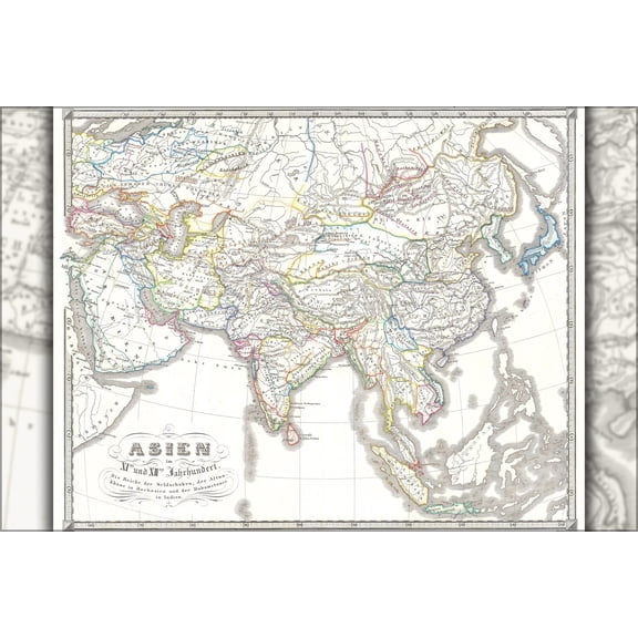 24"x36" Gallery Poster, 1855 Spruner Map of Asia in the 11th and 12th Centuries ( Seljuk Empire, Song China )
