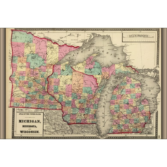 24"x36" Gallery Poster, 1872 map of the states of Minnesota, Wisconsin, and Michigan