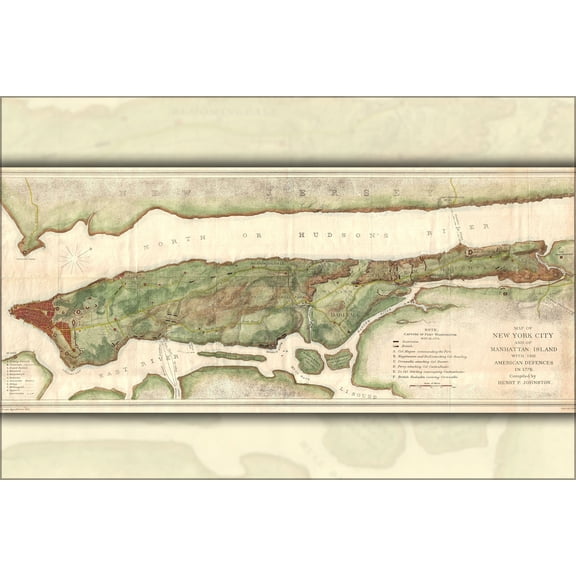 24"x36" Gallery Poster, 1878 Bien and Johnson Map of New York City (Manhattan Island) During the Revolutionary War