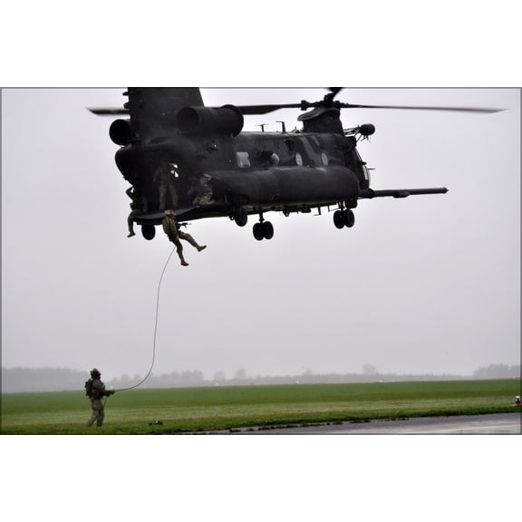 24"x36" Gallery Poster, 321st STS fast rope out of 160th SOAR ch-47 chinook in Poland