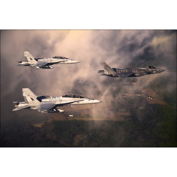 24"x36" Gallery Poster, A U.S. Marine Corps F-35 Lightning II aircraft is escorted by two Marine F A-18 Hornets