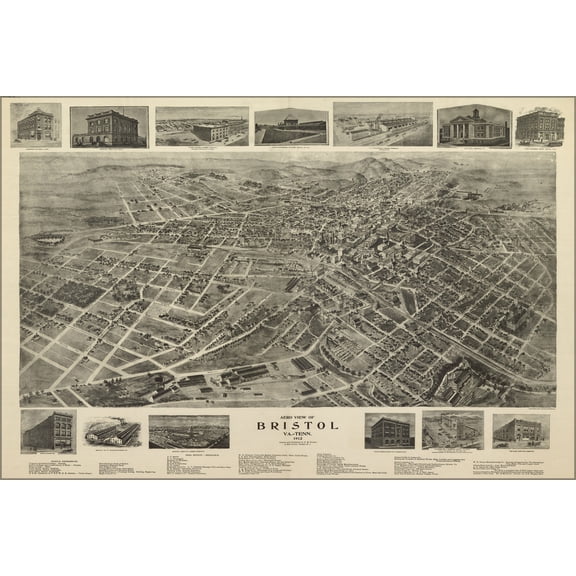 24"x36" Gallery Poster, Aero view map of Bristol, Virginia & Tennessee 1912