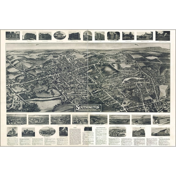 24"x36" Gallery Poster, Aero view map of Southington, Connecticut 1914