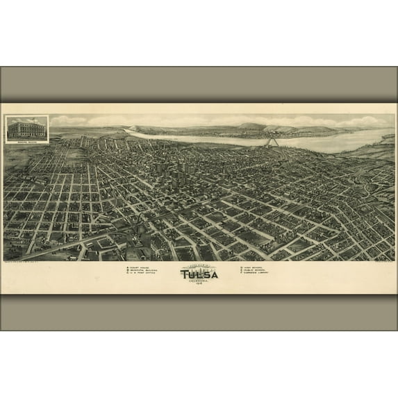 24"x36" Gallery Poster, Aero view map of Tulsa, Oklahoma 1918