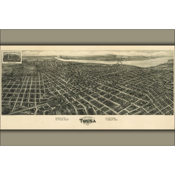 24"x36" Gallery Poster, Aero view map of Tulsa, Oklahoma 1918